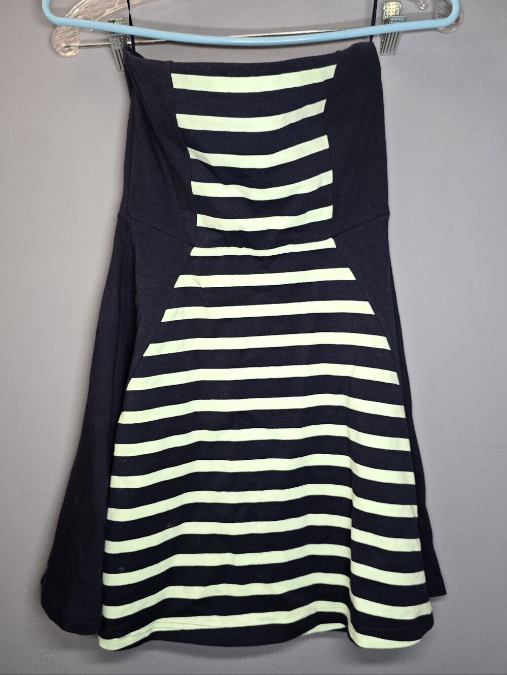 Express Strapless Mini Dress-Womens XS-Navy Blue & Mint Green Stripes-skirt